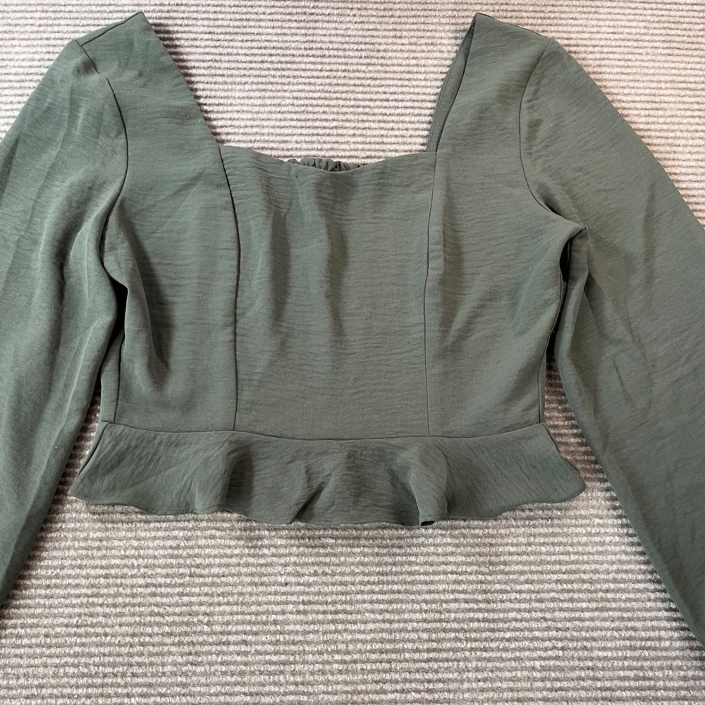 Altar'd State Olive Green Smocked Peplum Long Sleeve Top Square Neck Size Small